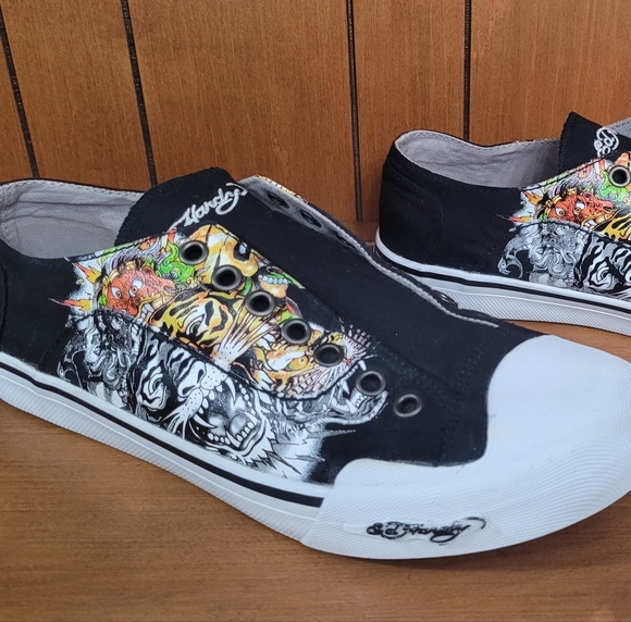 Vintage Y2K Ed Hardy Womens Sz 9Low sneaker slip on Shoes, Skulls/Lion - Picture 1 of 6
